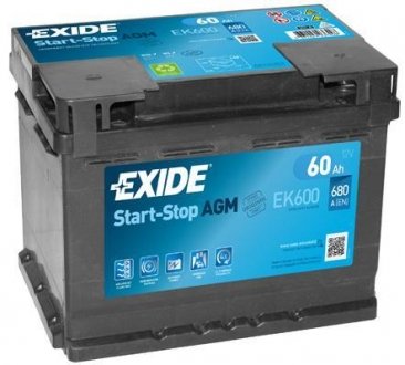 Акумулятор START-STOP AGM (242×175×190), 60Ач, 680А, R+ EXIDE EK600