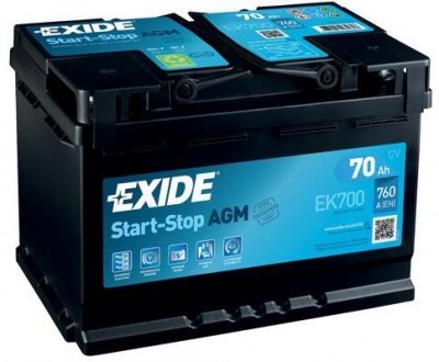 Акумулятор START-STOP AGM (278×175×190), 70Ач, 760А, R+ EXIDE EK700