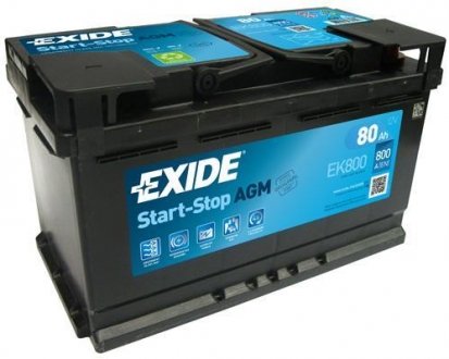 Акумулятор START-STOP AGM (315×175×190), 80Ач, 800А, R+ EXIDE EK800