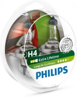 Лампа розжарювання H4 12V 60/55W P43t-38 LongerLife Ecovision 2шт (вир-во) PHILIPS 12342LLECOS2