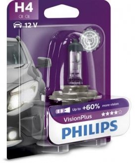 Лампа H4 12V 60/55W P43T-38 VisionPlus (+50% more light) упаковка блістер PHILIPS 12342VPB1 (фото 1)