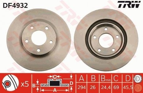 Диск гальмівний (1 шт.) CITROEN/MITSUBISHI/PEUGEOT C4/ASX/4008 "F D=294mm "12>> TRW DF4932